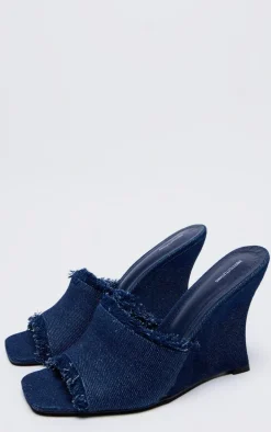 Denim Square Toe Wedge Heeled Sandals