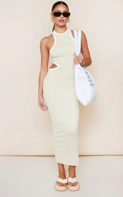 Desert Sand Snatched Rib Contrast Binding Cut Out Midaxi Dress