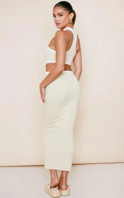 Desert Sand Snatched Rib Contrast Binding Cut Out Midaxi Dress