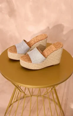 Diamante Round Toe Heeled Cork Wedges