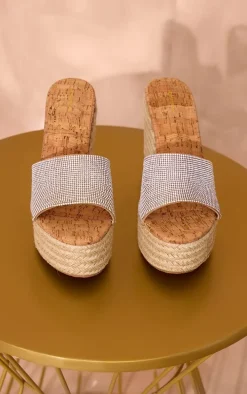 Diamante Round Toe Heeled Cork Wedges