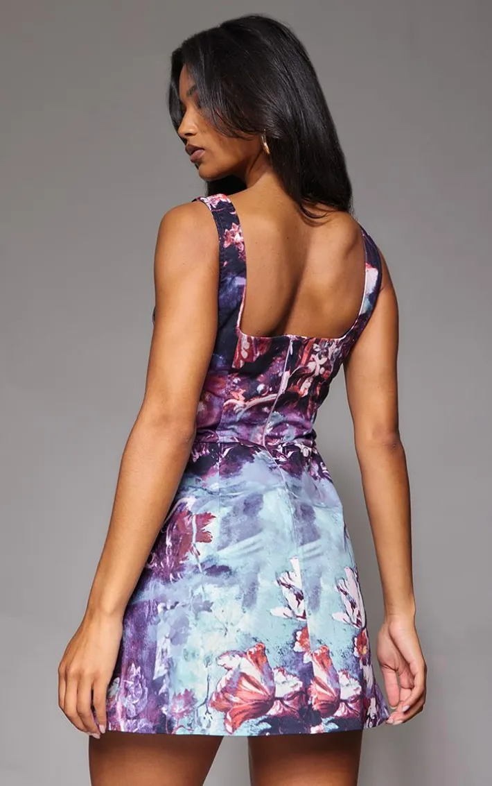 Dusky Blue Floral Corset A Line Shift Dress