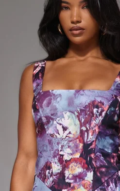 Dusky Blue Floral Corset A Line Shift Dress