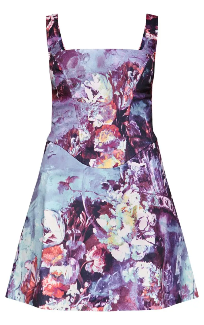 Dusky Blue Floral Corset A Line Shift Dress