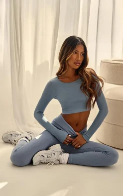 Dusky Blue Snatched Rib Round Neck Long Sleeve Crop Top