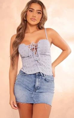 Dusty Blue Broderie Lace Up Front Longline Corset