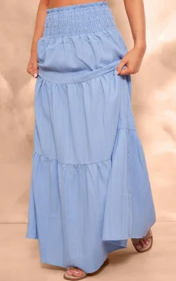 Dusty Blue Cheesecloth Shirred Waist Tiered Maxi Skirt