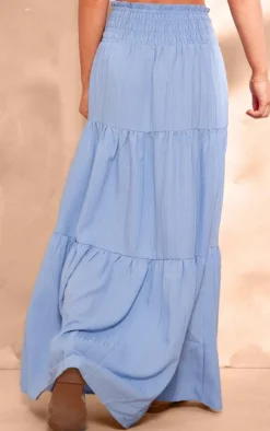 Dusty Blue Cheesecloth Shirred Waist Tiered Maxi Skirt