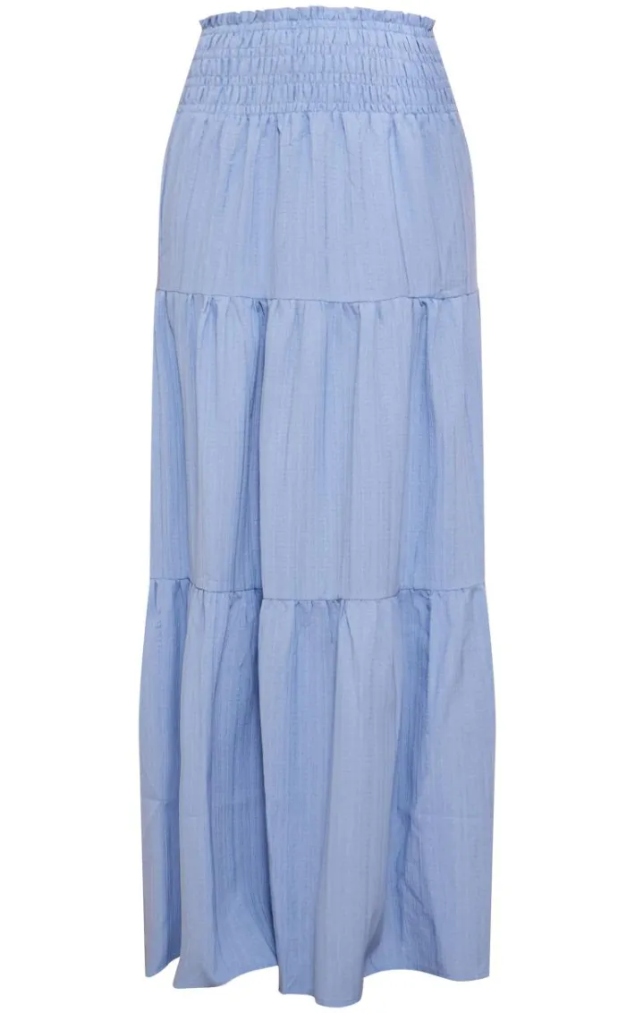 Dusty Blue Cheesecloth Shirred Waist Tiered Maxi Skirt