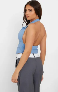 Dusty Blue Cotton Poplin Halterneck Collar Detail Waist Coat