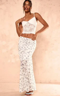 Dusty Blue Floral Printed Lace Frill Hem Maxi Skirt