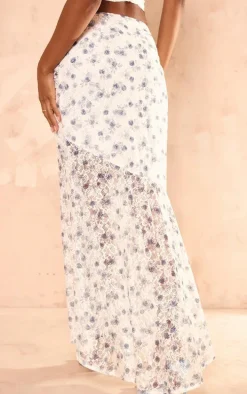 Dusty Blue Floral Printed Lace Frill Hem Maxi Skirt