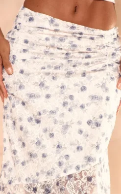 Dusty Blue Floral Printed Lace Frill Hem Maxi Skirt