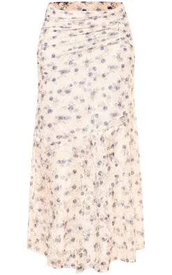 Dusty Blue Floral Printed Lace Frill Hem Maxi Skirt