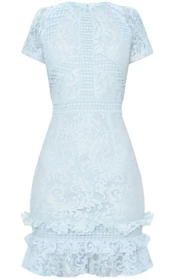 Dusty Blue Frill Hem Lace Bodycon Dress