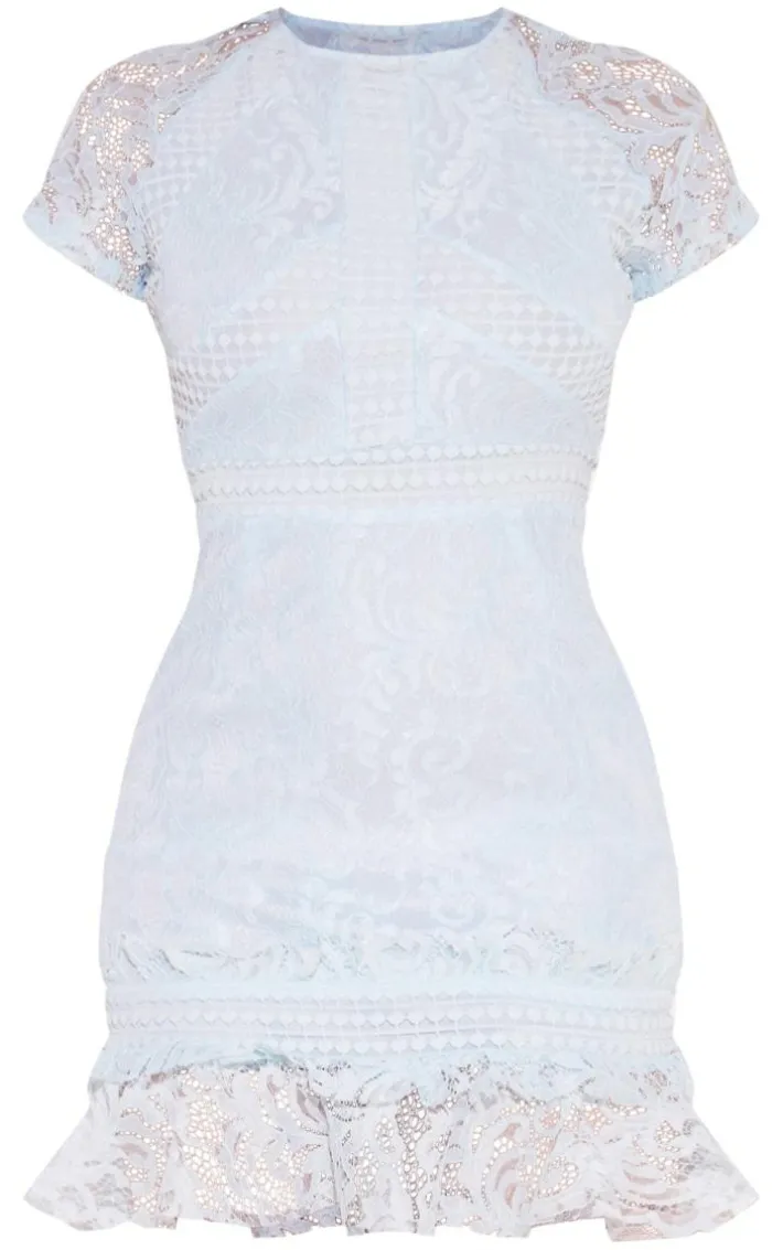 Dusty Blue Lace Frill Hem Bodycon Dress