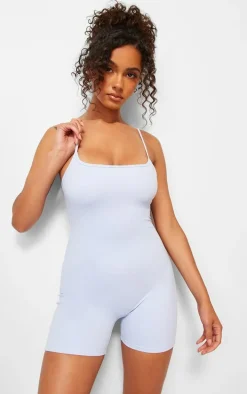 Dusty Blue Snatched Sculpt Strappy Square Neck Unitard