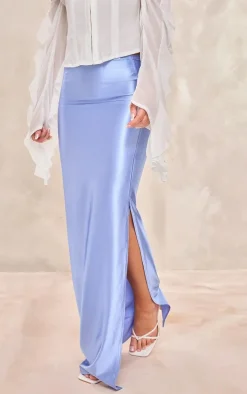 Dusty Blue Stretch Satin Split Side Maxi Skirt
