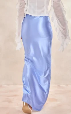 Dusty Blue Stretch Satin Split Side Maxi Skirt