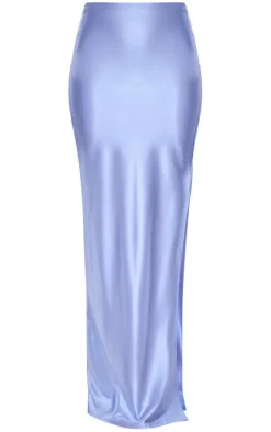 Dusty Blue Stretch Satin Split Side Maxi Skirt