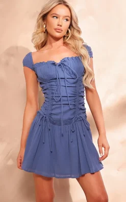 Dusty Blue Textured Ruched Puff Sleeve Bodycon Dress