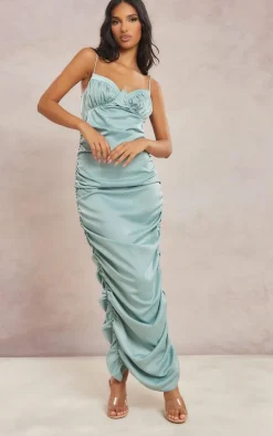 Dusty Blue Textured Satin Ruched Midaxi Dress