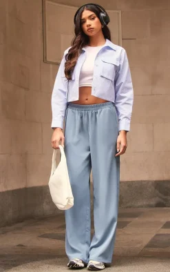 Dusty Blue Woven Elasticated Waist Straight Leg Pants