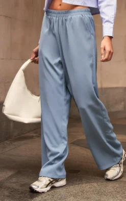 Dusty Blue Woven Elasticated Waist Straight Leg Pants