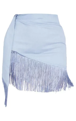 Dusty Blue Woven Fringe Hem Drape Front Mini Skirt