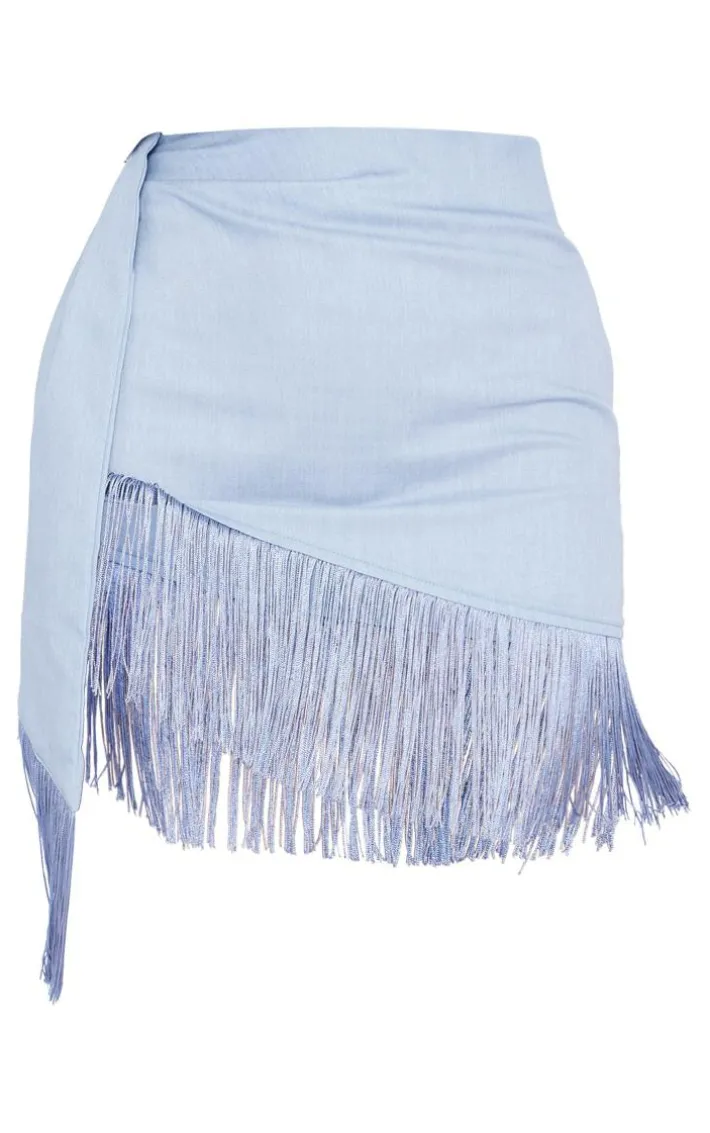 Dusty Blue Woven Fringe Hem Drape Front Mini Skirt