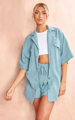 Dusty Blue Woven Pocket Detail Short Sleeve Shirt