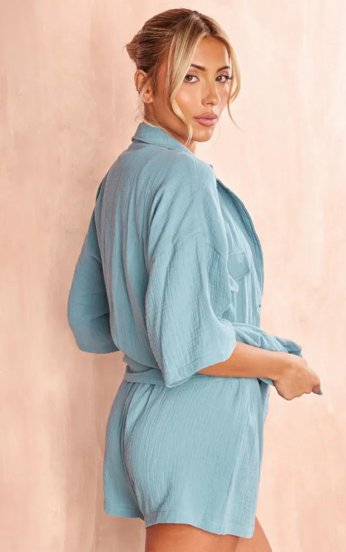 Dusty Blue Woven Pocket Detail Short Sleeve Shirt