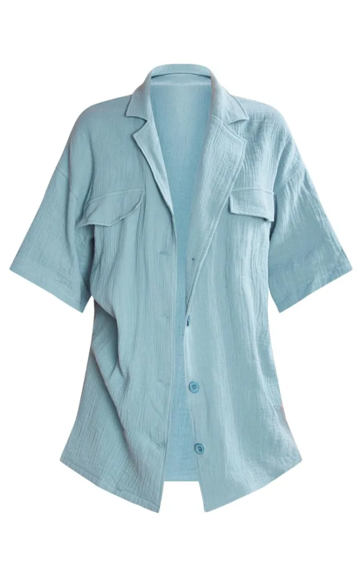Dusty Blue Woven Pocket Detail Short Sleeve Shirt