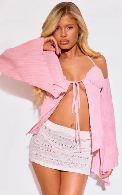 Dusty Pink Chiffon Plisse Split Hem Blouse