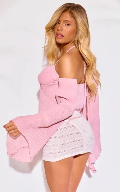 Dusty Pink Chiffon Plisse Split Hem Blouse