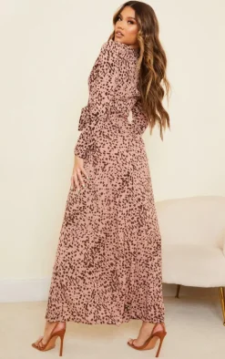 Dusty Pink Dalmatian Long Sleeve Wrap Maxi Dress