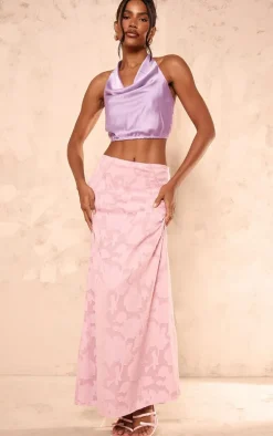 Dusty Pink Distressed Floral Woven Maxi Skirt