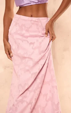 Dusty Pink Distressed Floral Woven Maxi Skirt
