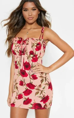 Dusty Pink Rose Printed Ruched Bodice Bodycon Dress