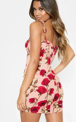 Dusty Pink Rose Printed Ruched Bodice Bodycon Dress