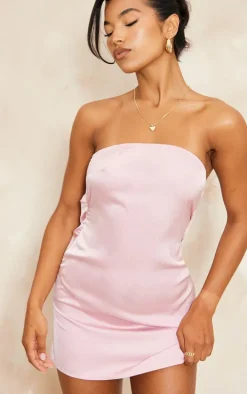 Dusty Pink Satin Bandeau Back Strap Detail Bodycon Dress
