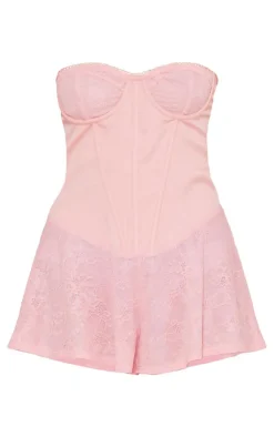 Dusty Pink Satin Corset Detail Lace Romper