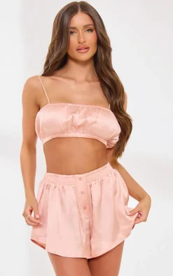 Dusty Pink Satin Ruched Bralet And Short PJ Set