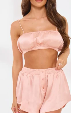Dusty Pink Satin Ruched Bralet And Short PJ Set