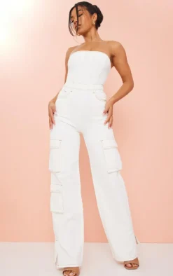 Ecru Contrast Stitch Cargo Pocket Bandeau Denim Jumpsuit