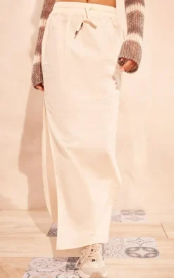 Ecru Cotton Poplin Split Side Drawstring Waist Midaxi Skirt