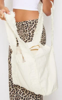 Ecru Denim Frayed Zip Tote Bag