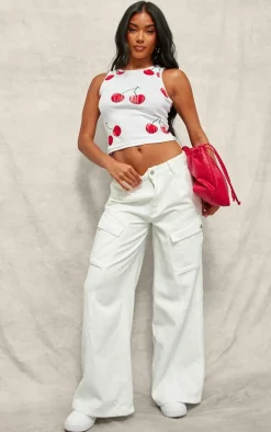 Ecru Denim Wide Leg Cargo Jeans