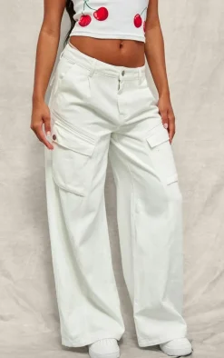 Ecru Denim Wide Leg Cargo Jeans