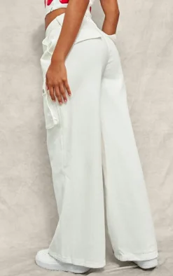 Ecru Denim Wide Leg Cargo Jeans